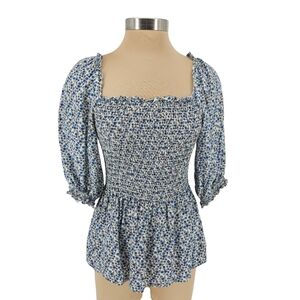 Max Studio Peplum Top White Floral 1/2 Sleeve Smocked Square Neck Shirt Medium